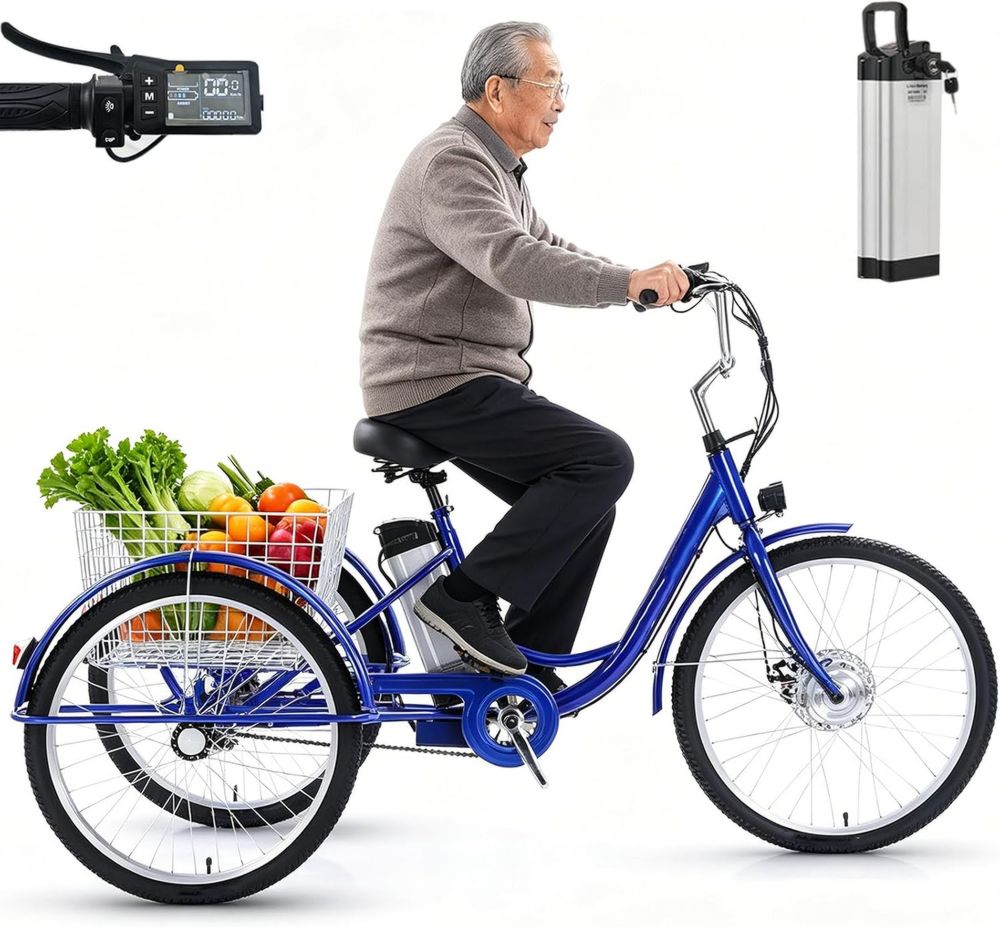 Triciclo Elettrico per Adulti 24', Pneumatici Fat, Batteria 36V 12Ah, Autonomia 35km, Carico 150kg, Display LCD, Cestino Blu