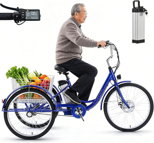Triciclo Elettrico per Adulti 24', Pneumatici Fat, Batteria 36V 12Ah, Autonomia 35km, Carico 150kg, Display LCD, Cestino Blu