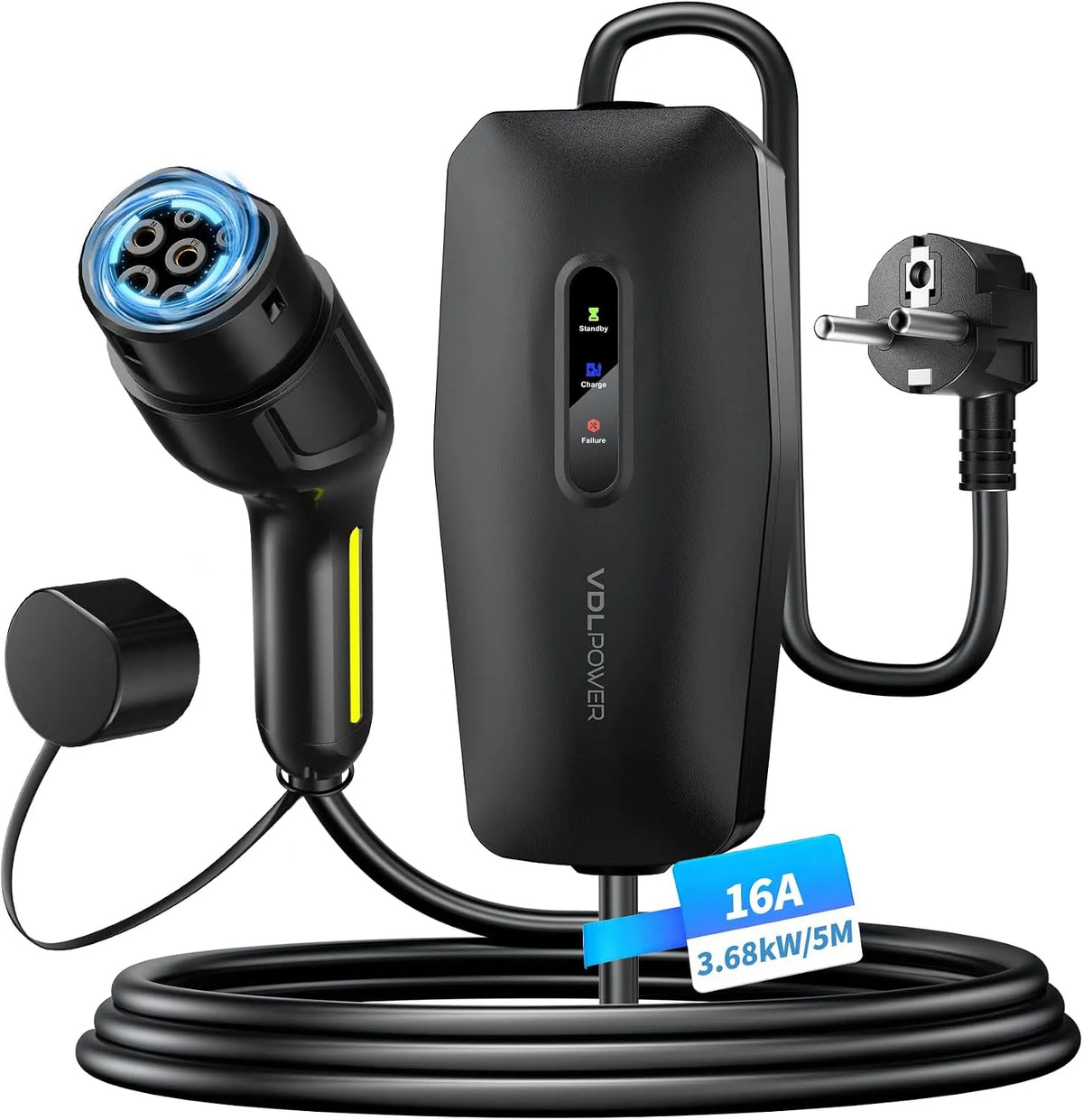 Cavo di ricarica Tipo 2 per auto elettrica e cavo EV Mode 3, 3,68 kW, 16 A, presa Schuko, 5 m, IP65