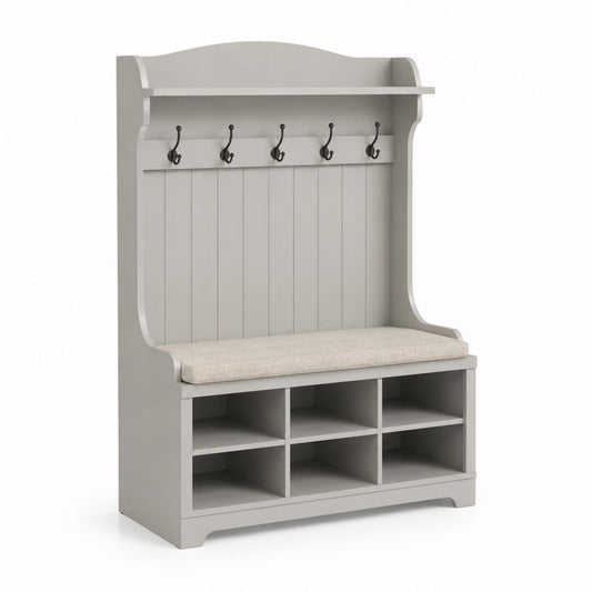 Appendiabiti da ingresso con panca e scarpiera in MDF, 5 ganci doppi e 6 vani, grigio tortora, 100 × 40 × 175 cm