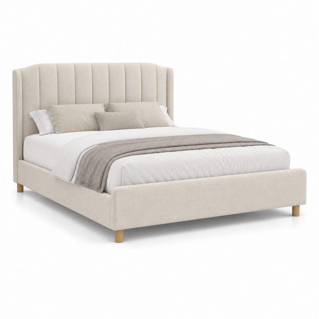 Letto matrimoniale imbottito 160 x 200 cm in poliestere beige con testiera a pannelli verticali