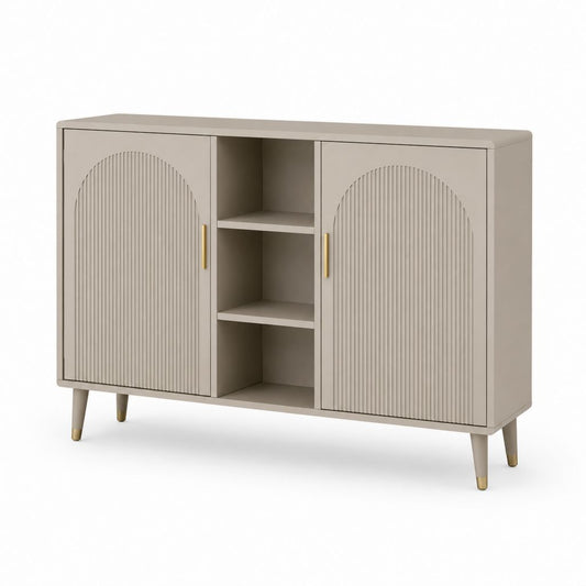 Credenza buffet rettangolare in legno tortora con 2 ante, 3 vani aperti e dettagli dorati, 120 × 40 × 80 cm