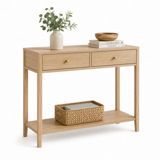 Consolle rettangolare in MDF impiallacciato rovere con 2 cassetti e ripiano, rovere naturale, 100 x 30 x 80 cm