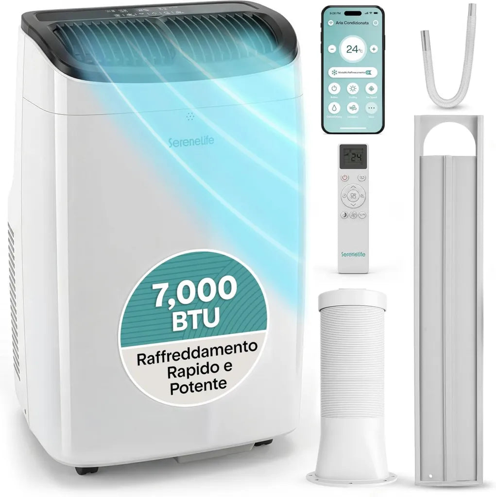 Climatizzatore Portatile 7000 BTU con WiFi e App, Deumidificatore e Ventilatore, Kit Finestra incluso, per Casa e Ufficio