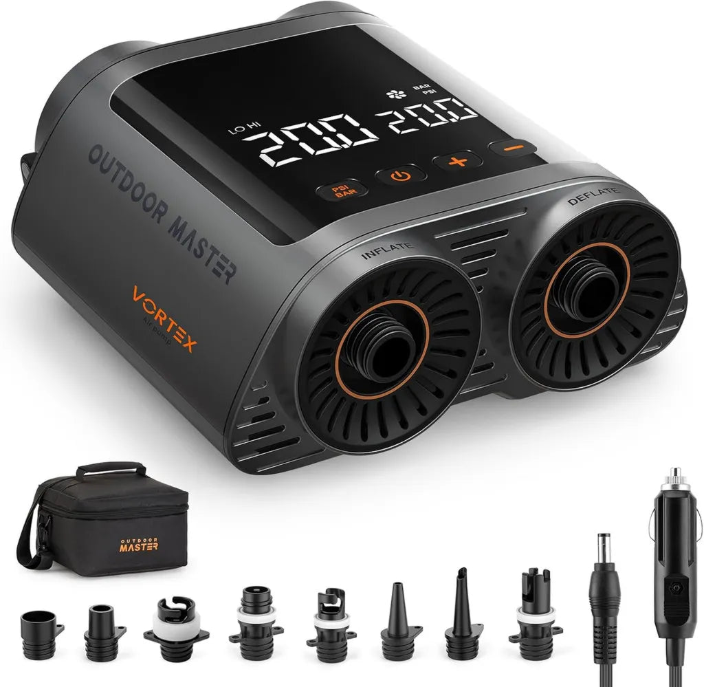 Pompa Elettrica Portatile per SUP, OutdoorMaster Vortex, 20PSI Gonfiatore e Sgonfiatore con 8 Ugelli, 12V/15.8V DC, Spegnimento Automatico