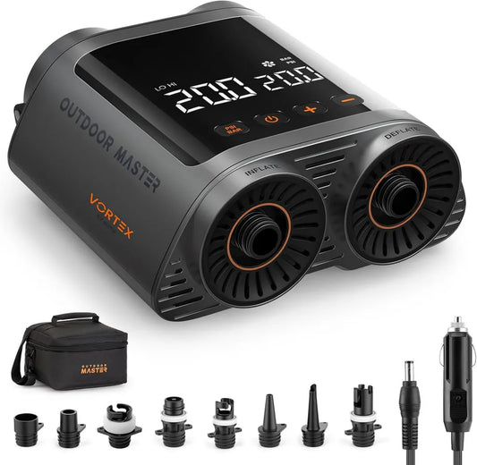 Pompa Elettrica Portatile per SUP, OutdoorMaster Vortex, 20PSI Gonfiatore e Sgonfiatore con 8 Ugelli, 12V/15.8V DC, Spegnimento Automatico