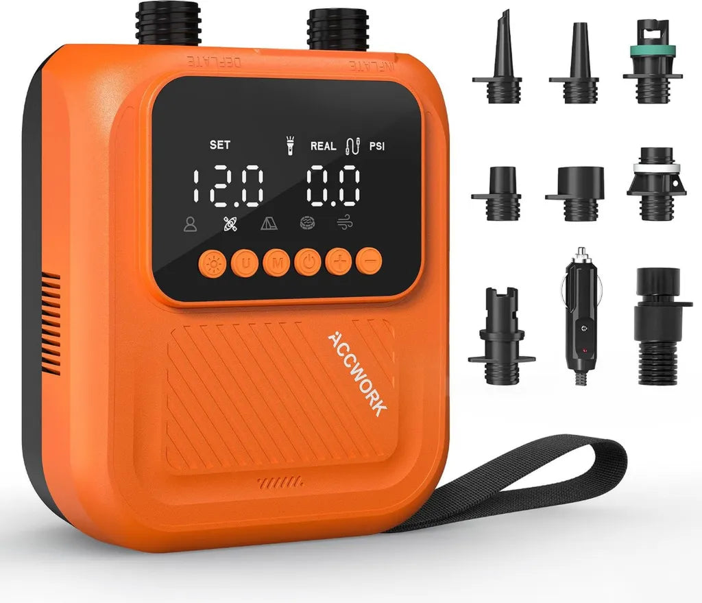 Pompa SUP Elettrica 20 PSI 12V con Spegnimento Automatico e Schermo Digitale, Ideale per Kayak, Materassini, Gommoni e Tende