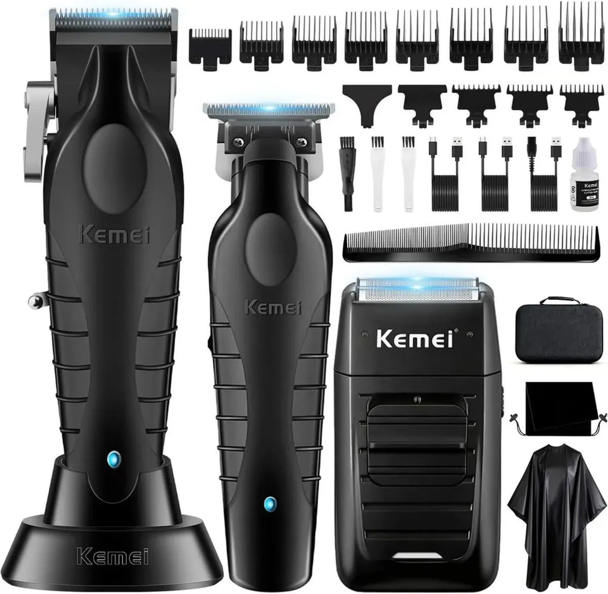 Tagliacapelli Professionale KEMEI Senza Fili, Regolabarba Lama a T, Rasoio Elettrico con 11 Pettini Guida