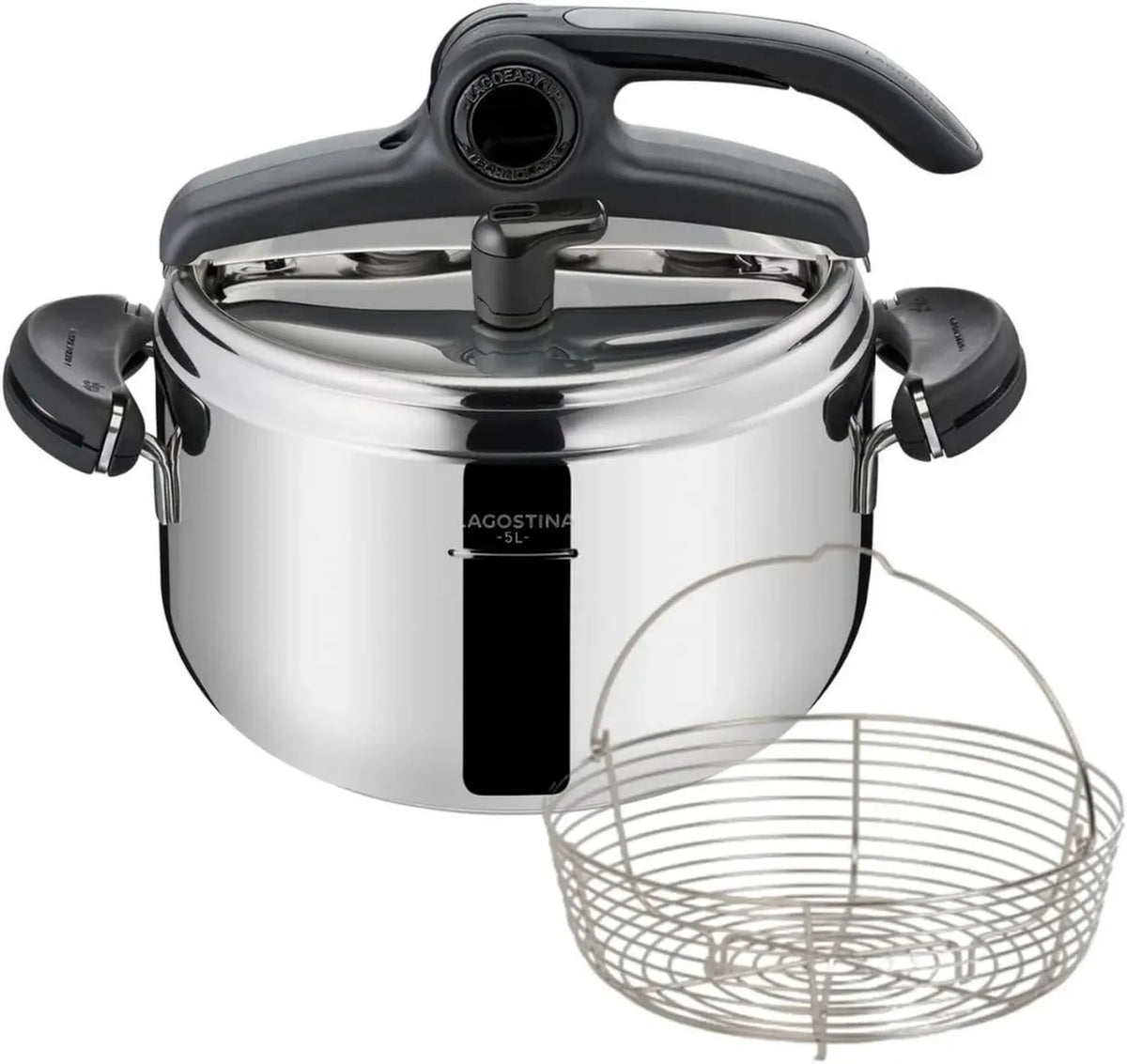 Pentola a Pressione 5L Lagostina in Acciaio Inox con Maniglie Clip e Cestello, Tecnologia Lagoeasy'up® e Fondo Induzione