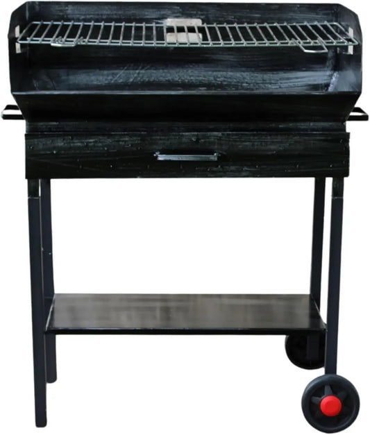 Griglia per Barbecue in Ferro con Ruote, Altezza Regolabile, Griglia in Acciaio, Ripiano per Utensili
