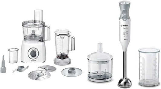Robot da Cucina Compatto Bosch Multitalent 3 800W con Mixer a Immersione Ergommixx, 12 Velocità, Bianco/Grigio