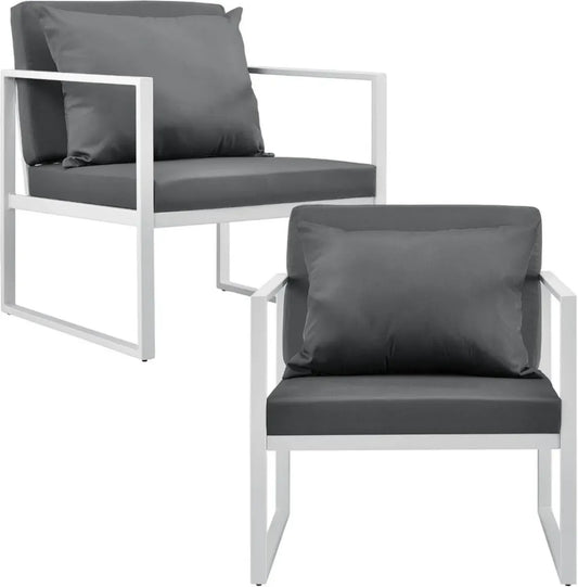 Set 2 Poltrone da Giardino con Cuscini, Struttura in Ferro, Ideali per Esterni - Bianco/Grigio