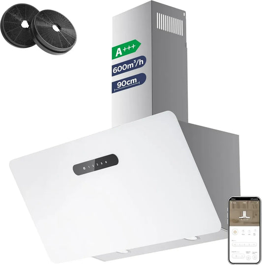 CIARRA Cappa Aspirante 90cm A+++ con App, Sensore Touch, Silenziosa, 650m³/h, WiFi, Filtro Carbone Bianco