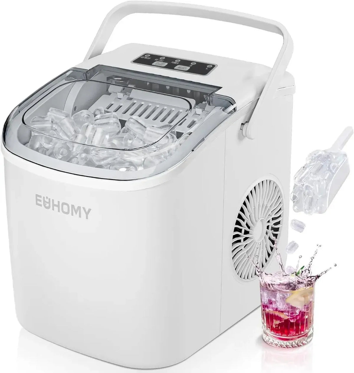EUHOMY Fabbricatore di Ghiaccio Compatto da Banco con Funzione Autopulente, 9 Cubetti in 6 Minuti, Capacità 12kg al Giorno, Bianco