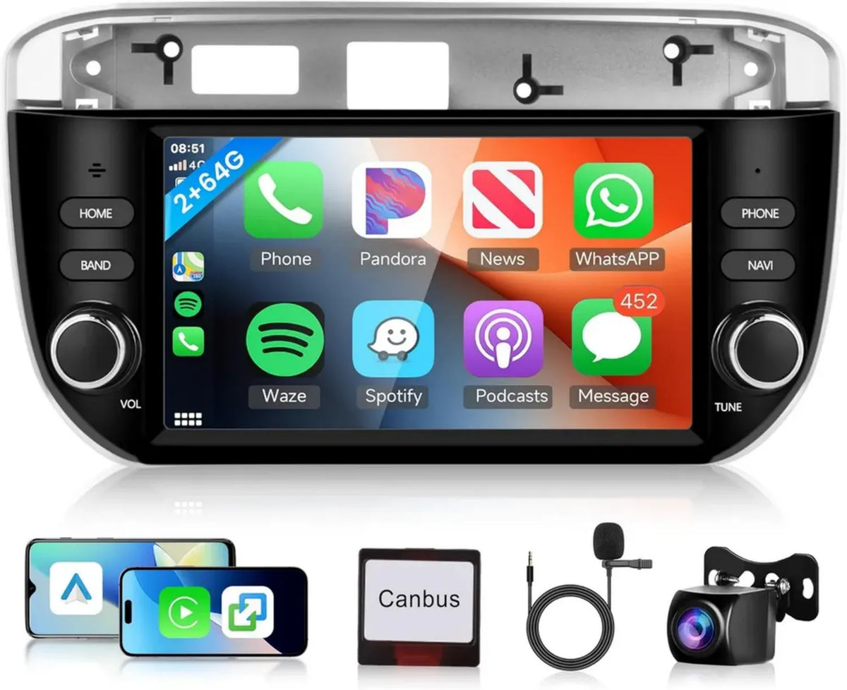 Autoradio 7' Android 2 Din per FIAT Linea/Punto 2012-2015, CarPlay Wireless, GPS, WiFi, Bluetooth e Telecamera