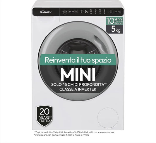Lavatrice Candy Miniaqua 5kg, 1200 Giri, Grigio/Bianco, Programmi Veloci, Antipiega, Partenza Ritardata, Classe A