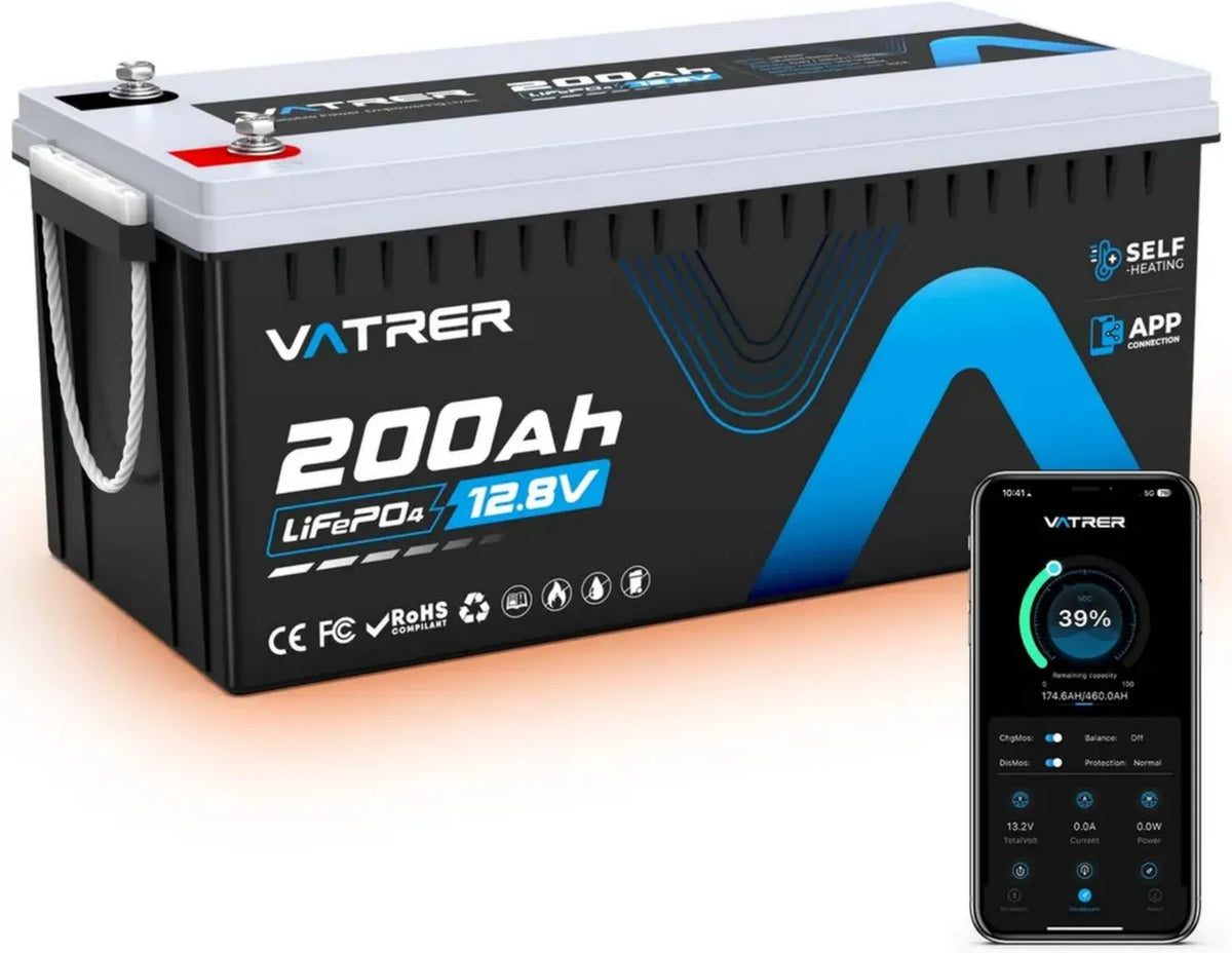 Batteria LiFePO4 12V 200Ah con Riscaldamento e BMS 200A - Bluetooth Integrato per RV e Solare