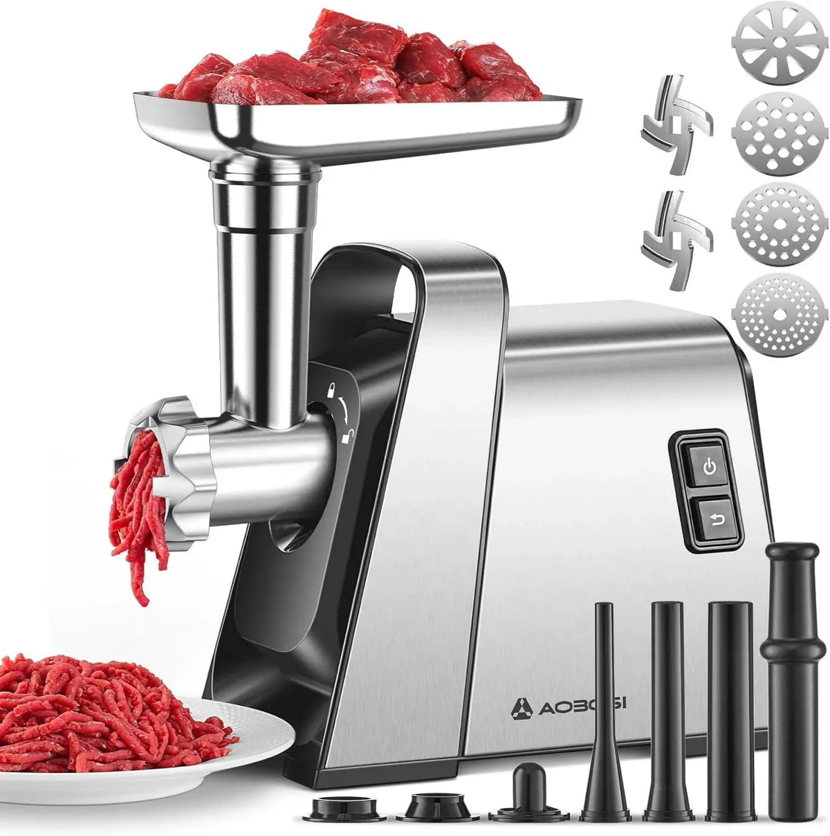 Tritacarne Elettrico Professionale AAOBOSI 3000W, 4 Funzioni in 1, Lame e Piastre in Acciaio Inox, Tubi per Insaccati e Kubbe