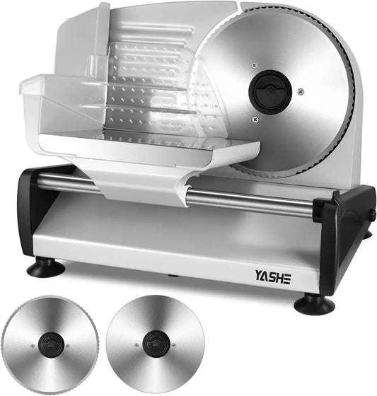 Affettatrice YASHE 250W per Carne e Pane, Lame Seghettate e Lisce 19 cm, Spessore Regolabile, Sicurezza e Stabilità