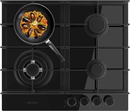 Piano Cottura a Gas 4 Fuochi Cecotec Bolero 4400F Vetro Nero, 8kW, Griglie in Ghisa, Bruciatore WOK, Accensione Elettronica, Valvole di Sicurezza