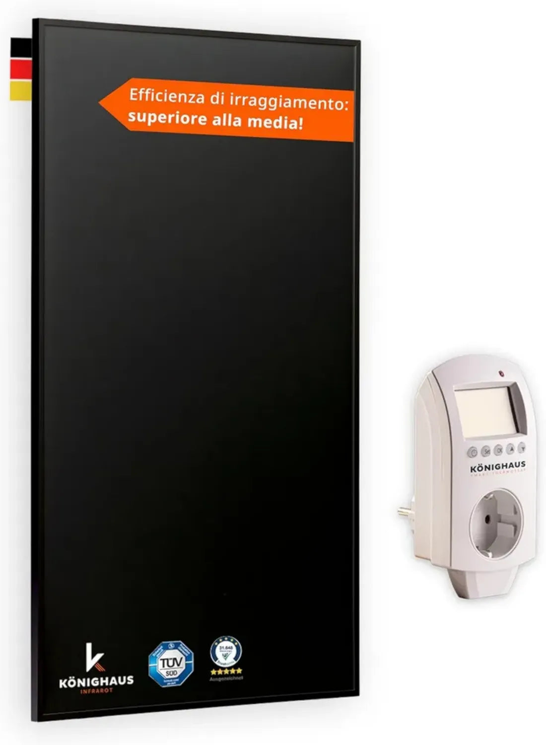 Pannello a Infrarossi Könighaus 800W Black Edition con Termostato Smart e App - Certificazione TÜV SÜD, 5 Anni di Garanzia, Protezione Doppia, Riscaldamento Veloce