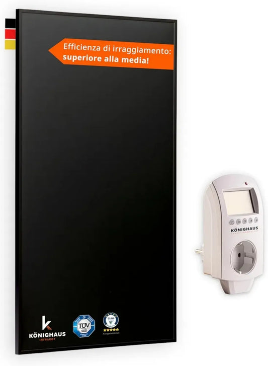 Pannello a Infrarossi Könighaus 800W Black Edition con Termostato Smart e App - Certificazione TÜV SÜD, 5 Anni di Garanzia, Protezione Doppia, Riscaldamento Veloce