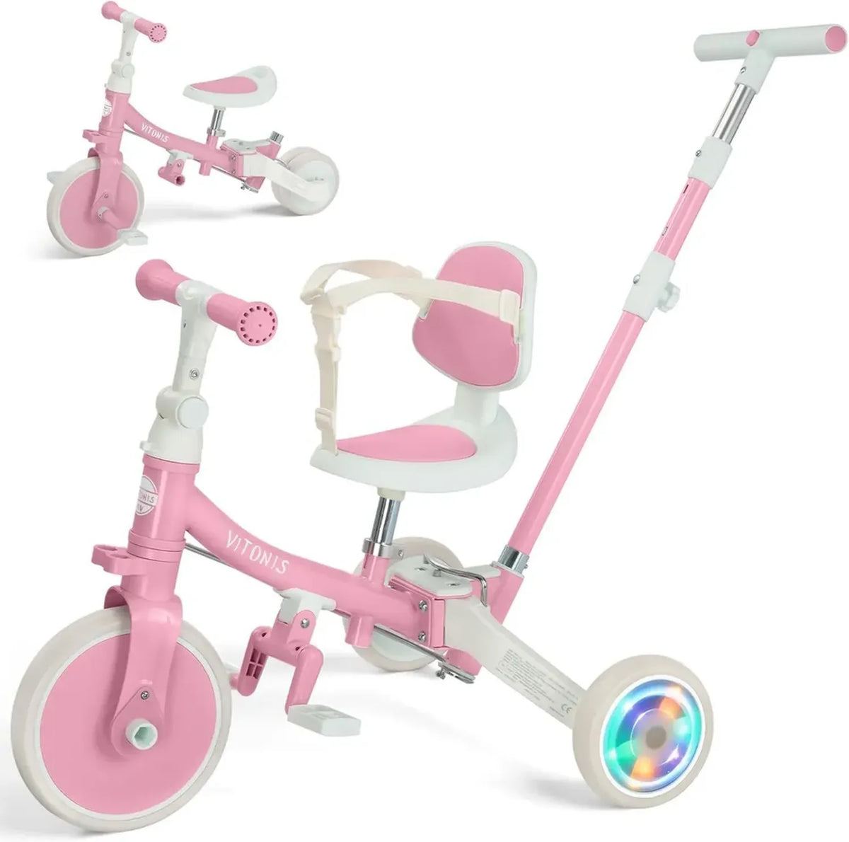 Triciclo Multifunzionale 5 in 1 per Bambini, Età 18 Mesi-3 Anni, Ruote LED, Maniglione Regolabile, Sicurezza e Comfort, Regalo Ideale, Rosa