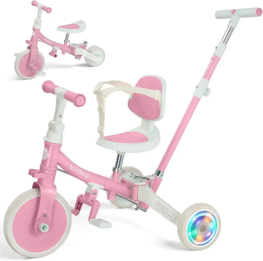 Triciclo Multifunzionale 5 in 1 per Bambini, Età 18 Mesi-3 Anni, Ruote LED, Maniglione Regolabile, Sicurezza e Comfort, Regalo Ideale, Rosa