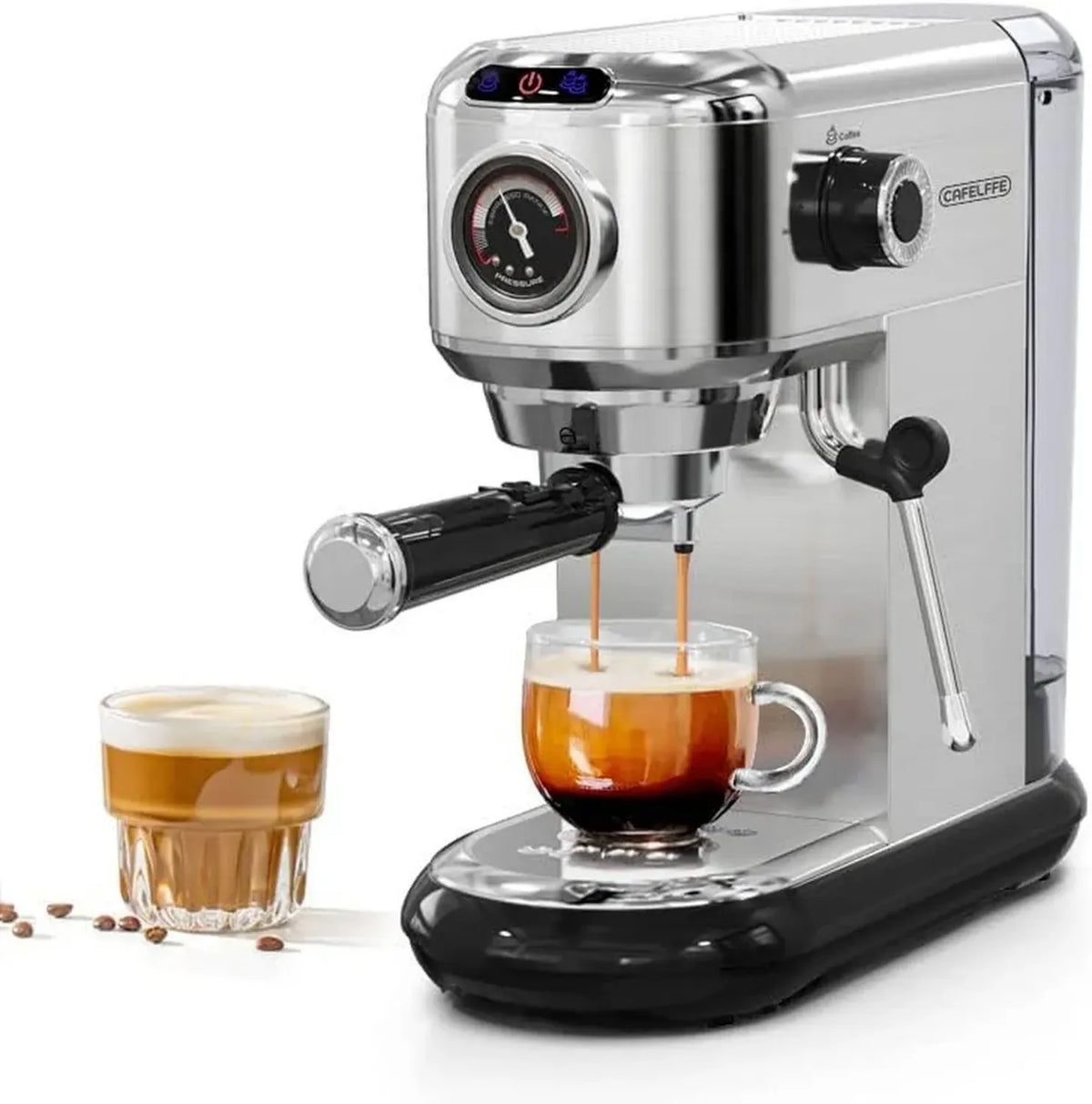 Macchina Espresso 20 Bar in Acciaio Inox con Montalatte e Manometro, Compatibile Caffè Macinato e Cialde ESE, Serbatoio 1,1L, Argento
