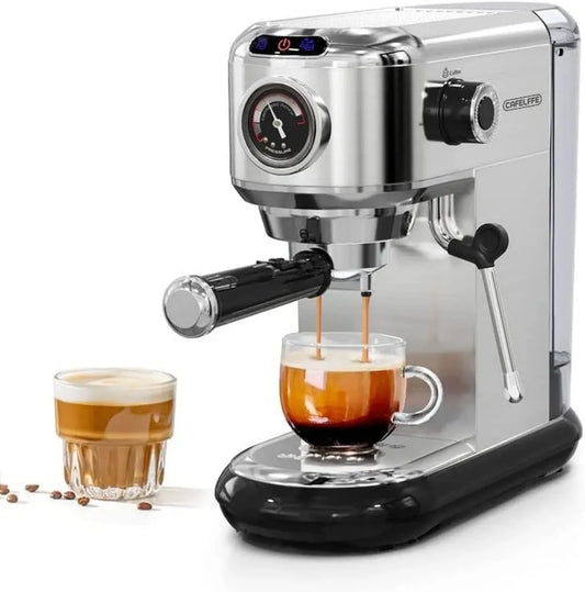 Macchina Espresso 20 Bar in Acciaio Inox con Montalatte e Manometro, Compatibile Caffè Macinato e Cialde ESE, Serbatoio 1,1L, Argento