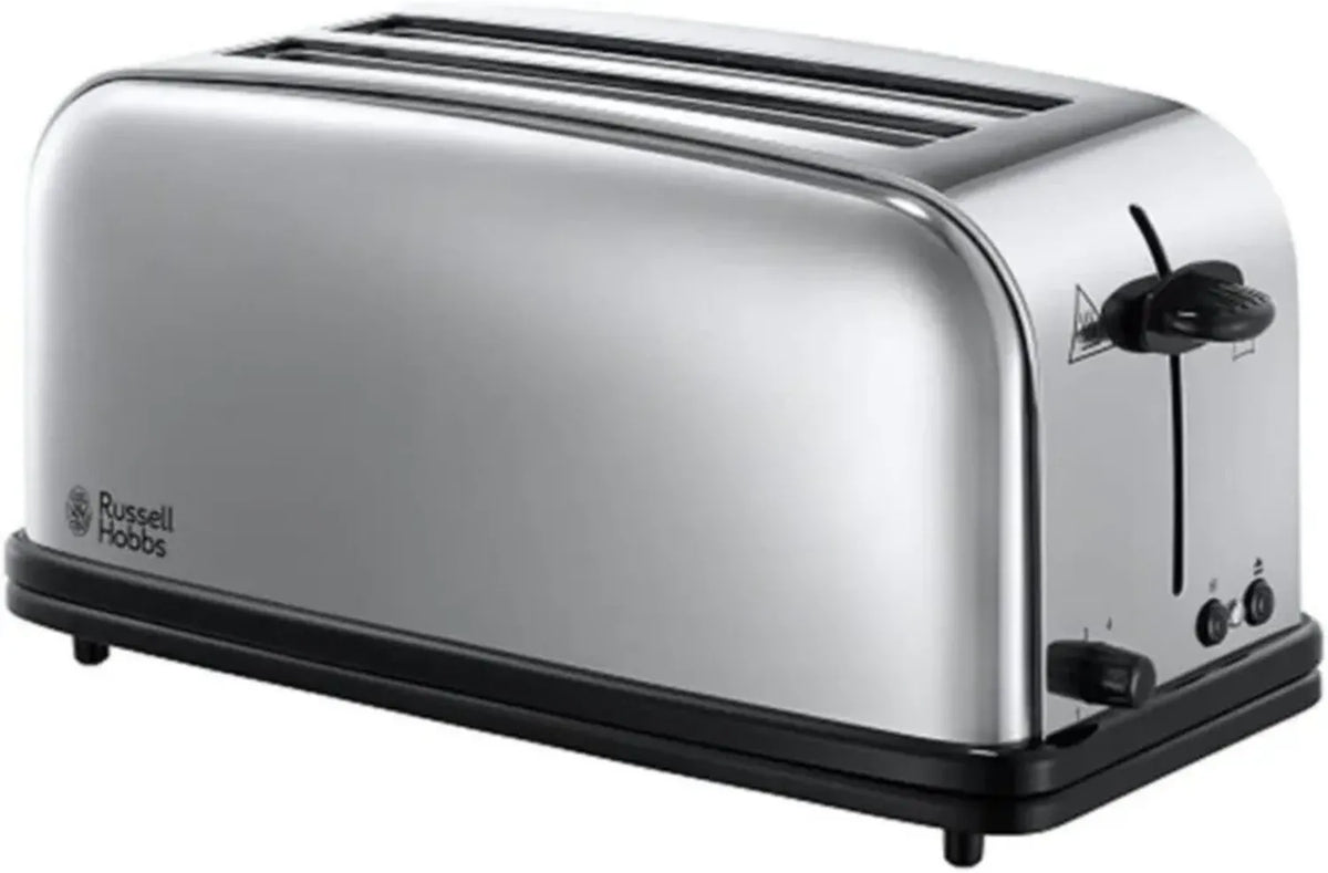 Russell Hobbs Tostapane Acciaio Inox, 2 Slot Lungi per 4 Fette, Extra Largo, 6 Livelli di Doratura, Funzione Scongelamento, Modello Victory