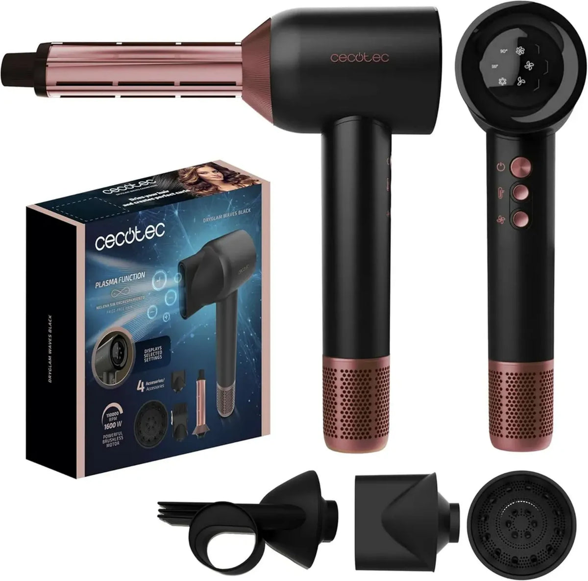 Asciugacapelli Cecotec Plasma DryGlam Waves 1600W, Motore Brushless Digitale