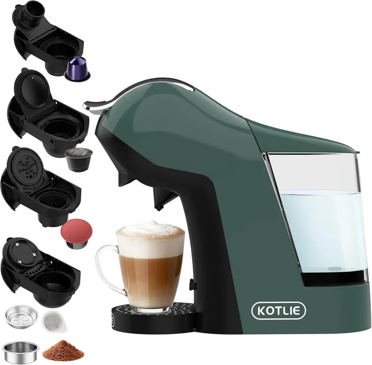Macchina da caffè multifunzione 5 in 1, 19 bar, compatibile con capsule Nespresso e Dolce Gusto, cialde ESE e caffè macinato, serbatoio da 1L, regolazione temperatura e quantità