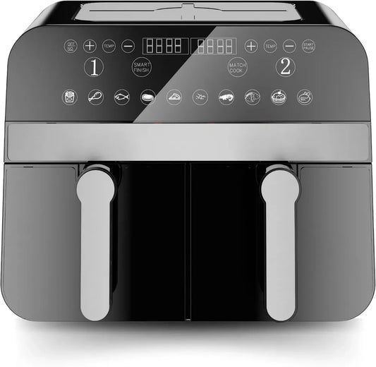 Friggitrice ad Aria Doppio Cestello 9L 2400W, Cottura Rapida e Sana, Design Moderno per Famiglie - Nero