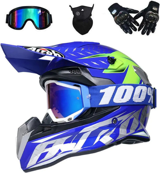 Casco Moto Integrale per Giovani con Set 4 Pezzi: Guanti, Occhiali e Maschera per Tutte le Stagioni