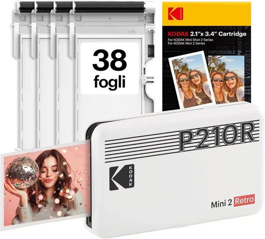Stampante Fotografica Portatile KODAK Mini 2 Retro con Tecnologia 4PASS e 38 Fogli, Bianco