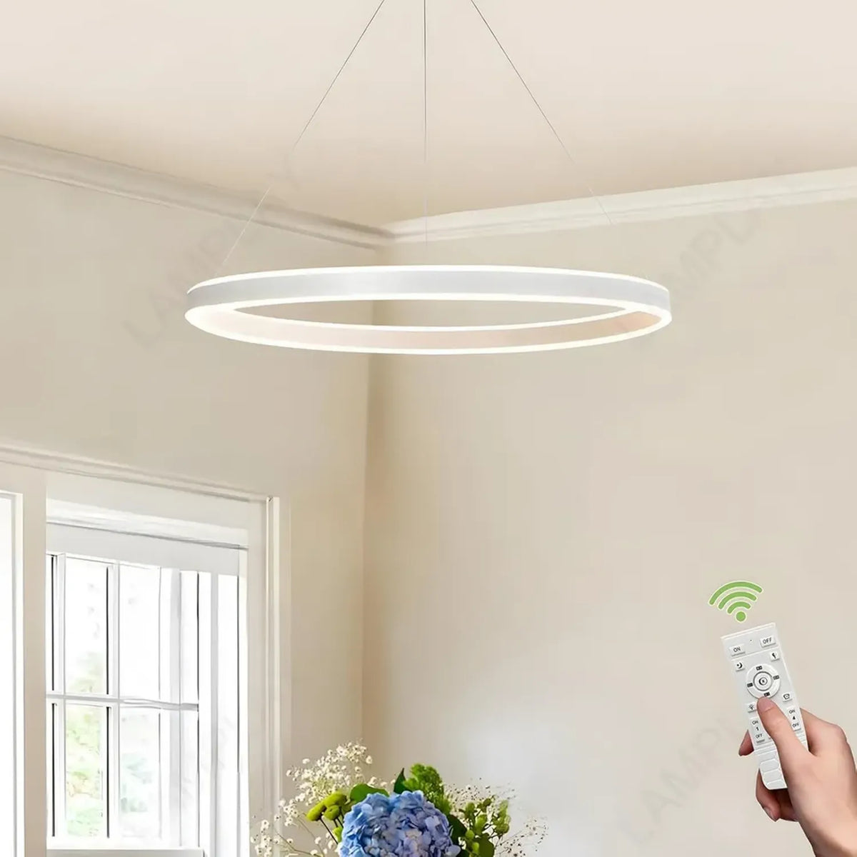 Lampada a Sospensione LED Moderna Rotonda, Bianco Regolabile 3000K-6000K, con Telecomando e Altezza Variabile, per Soggiorno e Camera da Letto