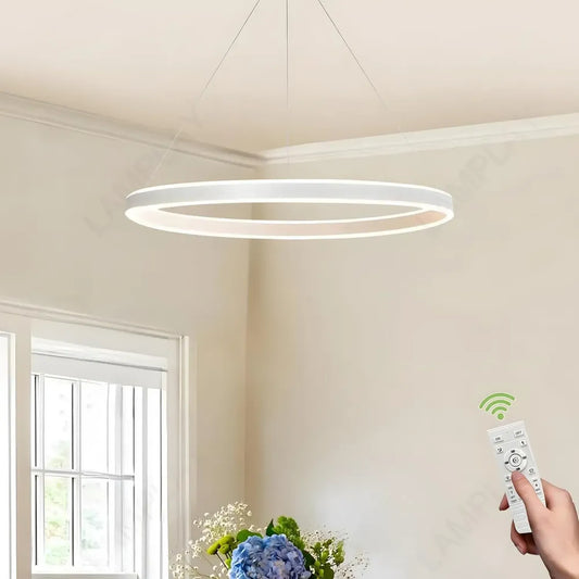 Lampada a Sospensione LED Moderna Rotonda, Bianco Regolabile 3000K-6000K, con Telecomando e Altezza Variabile, per Soggiorno e Camera da Letto