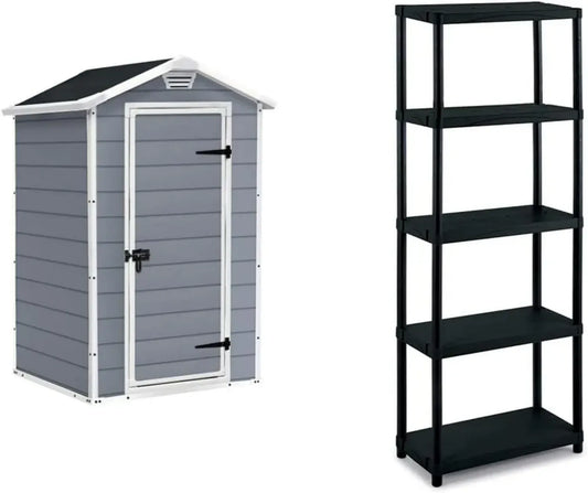 Capanno da Giardino Keter Manor 4x3 in Resina Grigia con Scaffale Modulare Terry a 5 Ripiani
