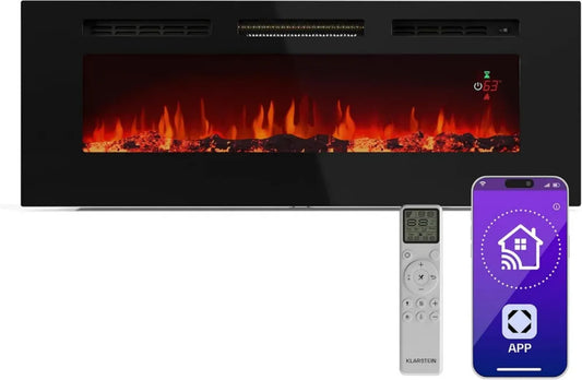 Camino Elettrico da Parete KLARSTEIN Galeras Smart 1800W, Fiamma LED Realistica, App & Telecomando, Luminosità e Colori Regolabili, Sicurezza Surriscaldamento