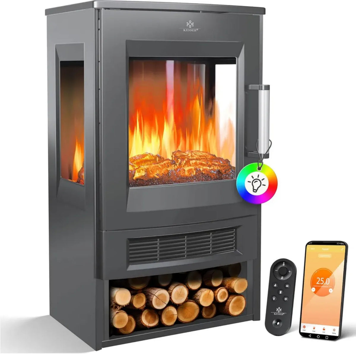 Caminetto Elettrico KESSER con LED e WiFi, 9 Effetti Fiamma, Termoventilatore 900/1800W, Termostato e Telecomando