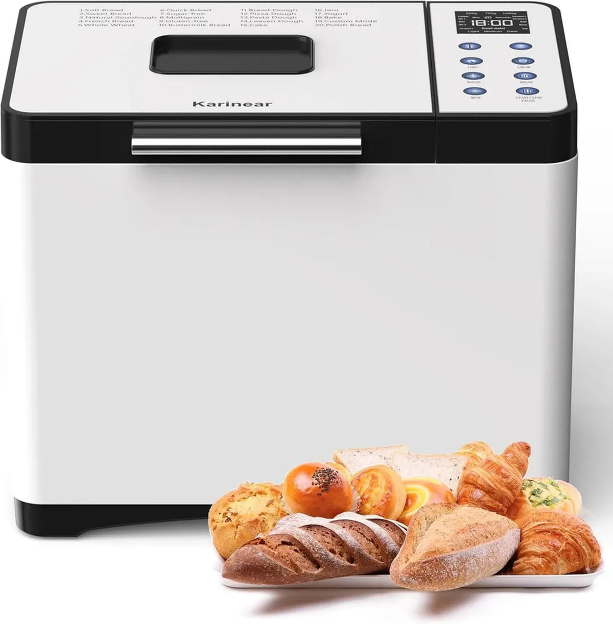 Macchina del Pane Karinear 650W con 20 Programmi, Capacità 500g-1kg, Display LCD, Timer 15 Ore, Funzione Mantenimento, Ideale per Pane, Pizza e Senza Glutine