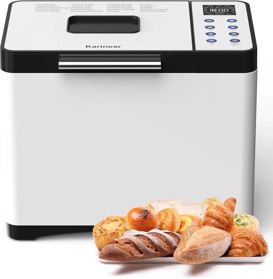 Macchina del Pane Karinear 650W con 20 Programmi, Capacità 500g-1kg, Display LCD, Timer 15 Ore, Funzione Mantenimento, Ideale per Pane, Pizza e Senza Glutine
