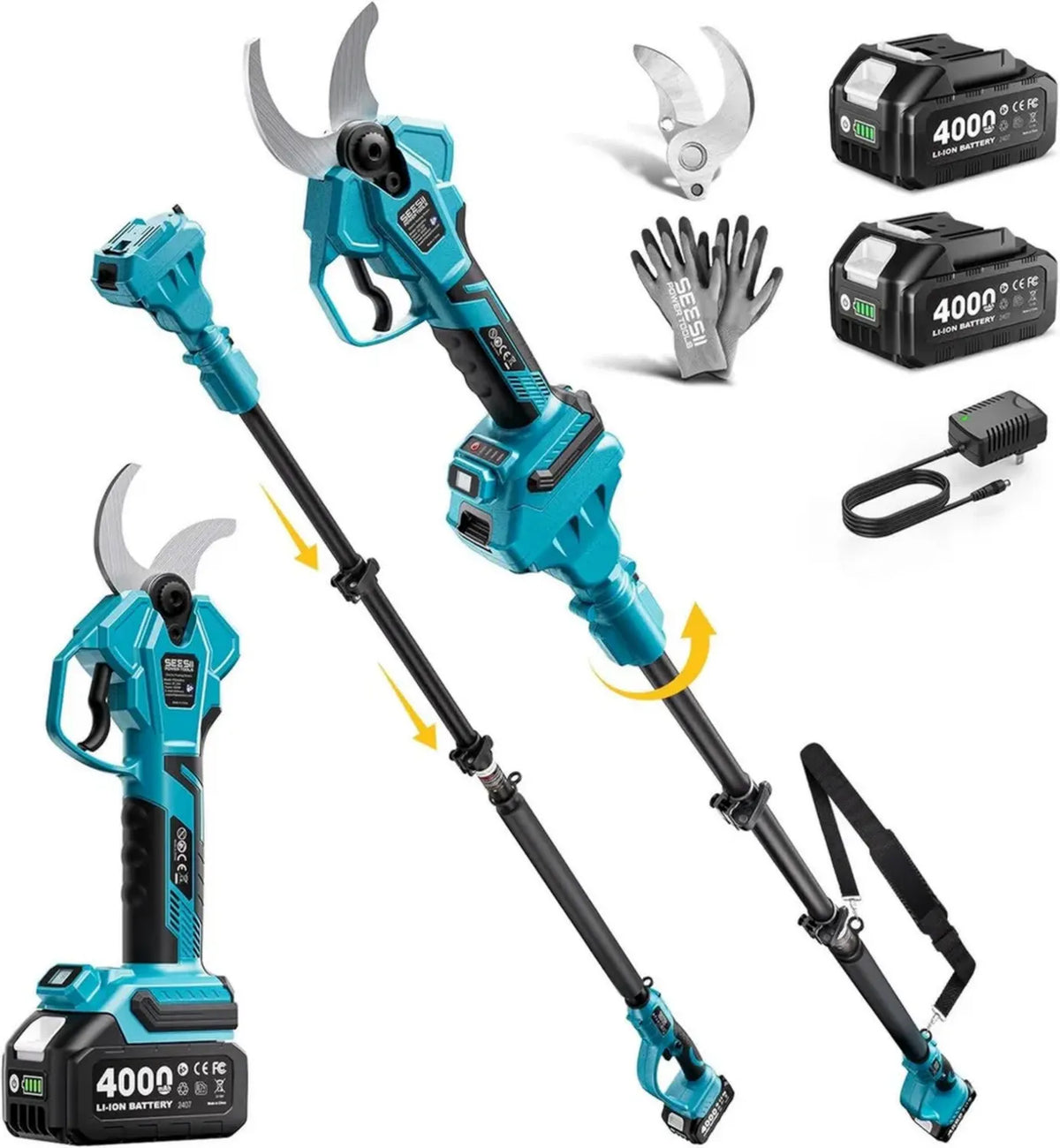 Forbici Elettriche SEESII con Asta Regolabile, Taglio Fino a 40 mm, 2 Batterie 4.0Ah, Altezza Massima 4.5 m, Lame in Acciaio SK5, Perfette per Giardino e Alberi