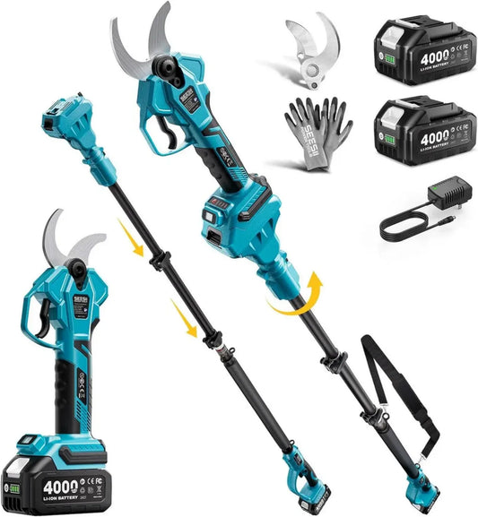Forbici Elettriche SEESII con Asta Regolabile, Taglio Fino a 40 mm, 2 Batterie 4.0Ah, Altezza Massima 4.5 m, Lame in Acciaio SK5, Perfette per Giardino e Alberi