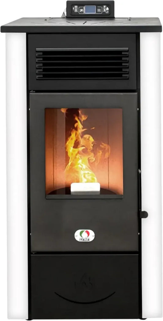 Stufa a Pellet Canalizzata 14 KW con WiFi - Efficienza 89%, Copertura 130m², Autonomia 15 Ore, Programmabile, 5 Velocità, Garanzia 24 Mesi, Colore Bianco