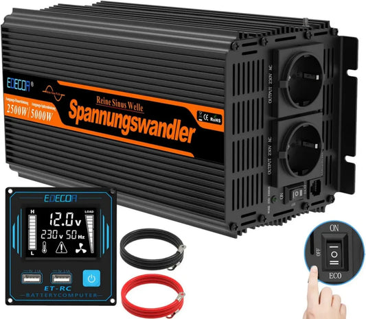 Inverter EDECOA 12V 220V 2500W Onda Pura con Telecomando