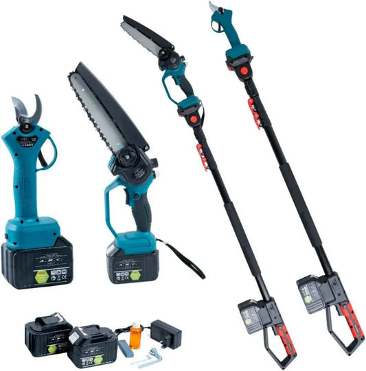Kit Potatura Elettrica 3 in 1: Forbice e Motosega a Batteria con Asta Telescopica